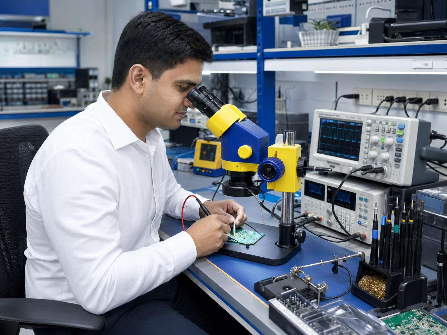 EVIGWAY engineer inspecting a PCB under microscope