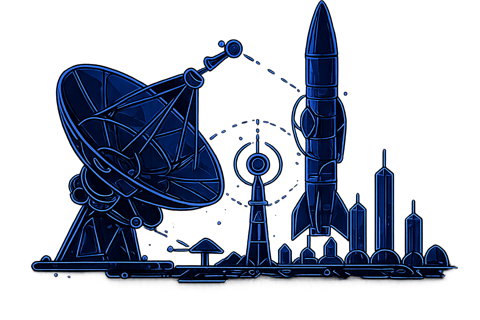 EVIGWAY platform support - satellite ground station, comms tower, missile and orbital infrastructure illustration
